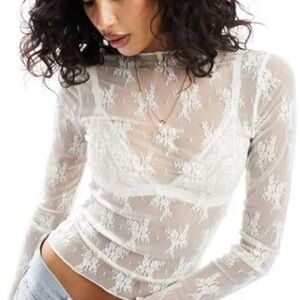 Abercrombie and Fitch Sheer White Lace Long Sleeve Top